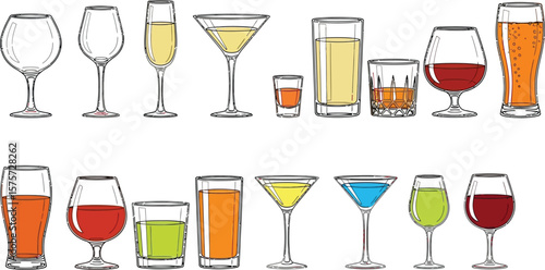 Assortment of various alcoholic and non alcoholic drinks in different glasses