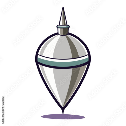 a spinning top toy with a metallic silver and gray striped pattern, a pointed tip, and a teal band around the middle. The top appears to be spinning with a shadow beneath it.