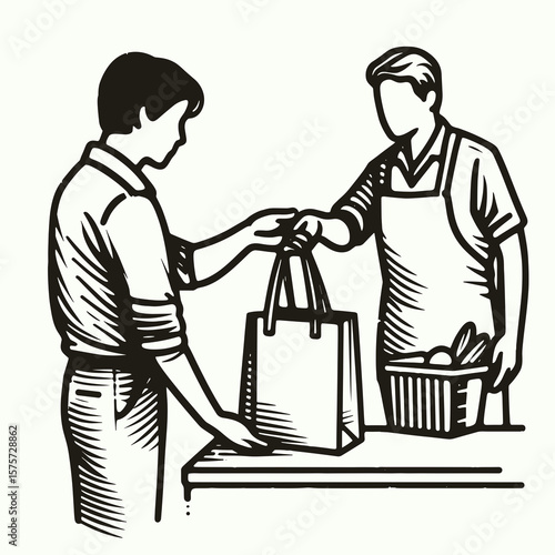 A American Clerk assisting bagging groceries. Career Job Profession Occupation Employment Work Clipart Line Art Vector Illustration. Usa shop worker aiding with packing foodstuff purchase.