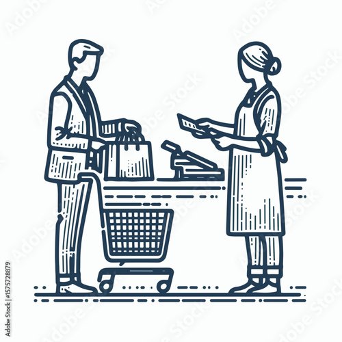 A American Clerk assisting bagging groceries. Career Job Profession Occupation Employment Work Clipart Line Art Vector Illustration. Us helper aiding packing supplies at checkout.