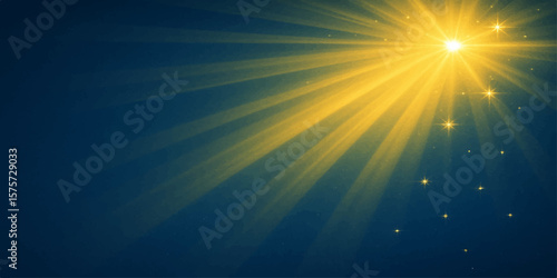 Radiant glowing light rays in golden yellow on deep blue abstract fantasy background
