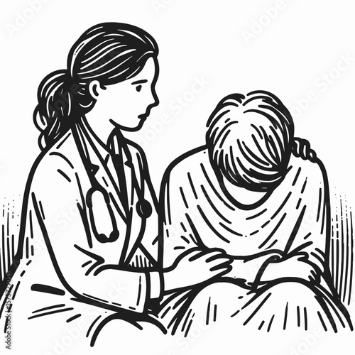A American Doctor comforting worried patient. Career Job Profession Occupation Employment Work Clipart Line Art Vector Illustration. Usa physician soothing anxious individual healthcare.