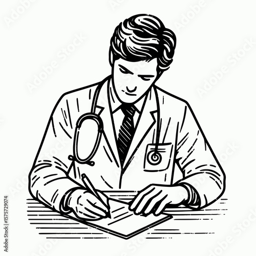A American Doctor writing prescription notes. Career Job Profession Occupation Employment Work Clipart Line Art Vector Illustration. Usa physician drafting remedy instruction health care.