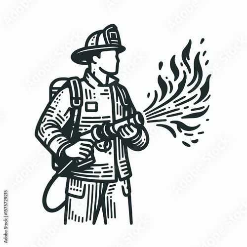 A American Firefighter spraying water flame. Career Job Profession Occupation Employment Work Clipart Line Art Vector Illustration. United states rescuer using stream combat blaze.