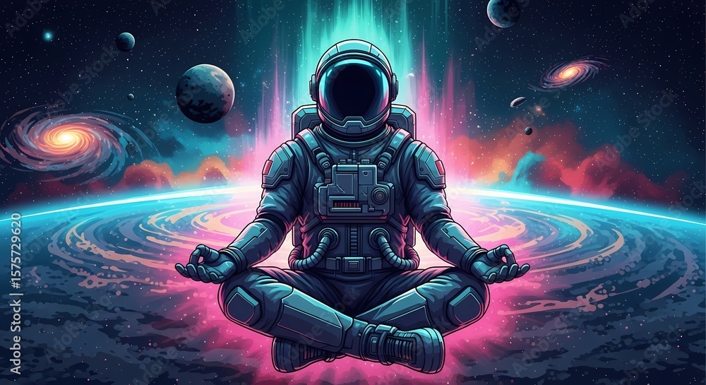 Obraz premium Cosmic Serenity: Astronaut Meditates Amidst Nebula and Galaxies