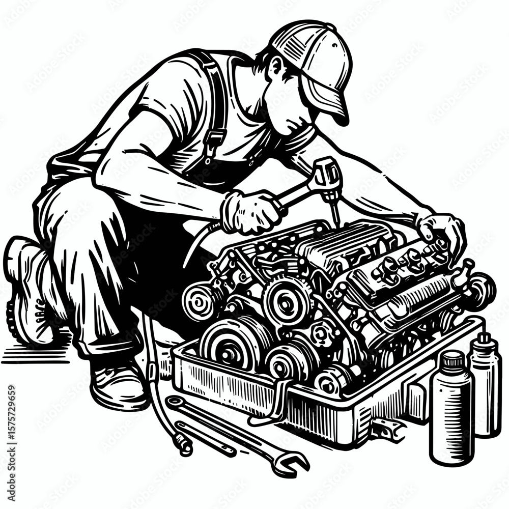 Obraz premium A American Mechanic fixing car engine. Career Job Profession Occupation Employment Work Clipart Line Art Vector Illustration. Usa auto technician repairing motor automotive service solution.