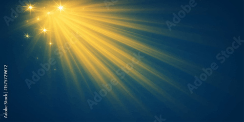 Glowing yellow rays over dark blue abstract background with radiant sparkle lights