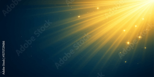 Abstract background with radiant yellow light on dark blue with sparkles and glow