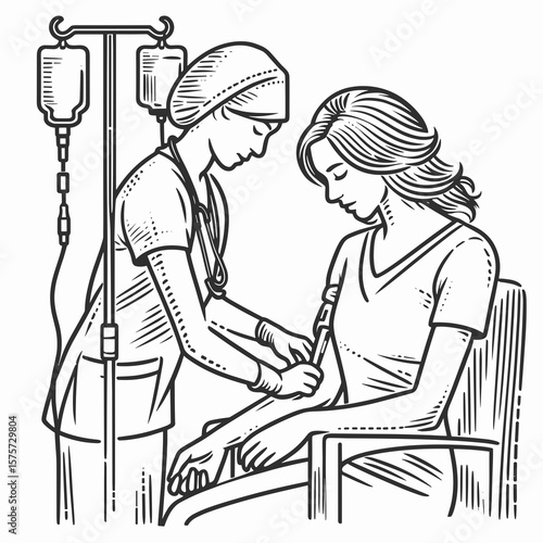 A American Nurse adjusting IV drip. Career Job Profession Occupation Employment Work Clipart Line Art Vector Illustration. Usa caregiver managing intravenous fluid flow for patient therapy.
