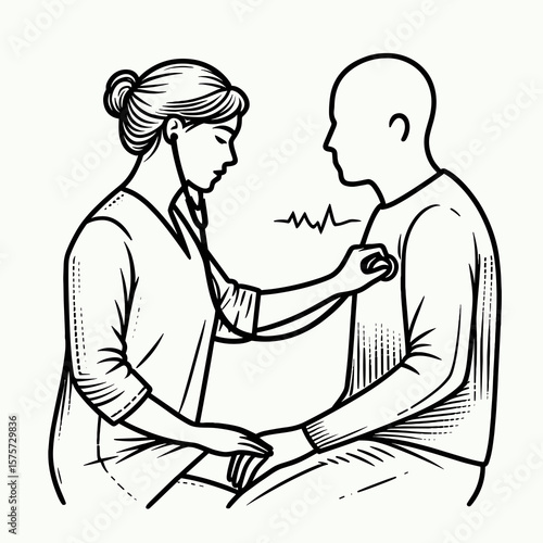 A American Nurse checking patients pulse. Career Job Profession Occupation Employment Work Clipart Line Art Vector Illustration. United states caregiver evaluating individual vital sign.