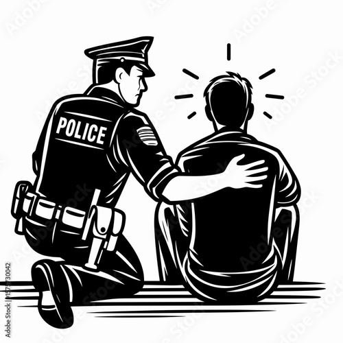 A American Officer reassuring frightened civilian. Career Job Profession Occupation Employment Work Clipart Line Art Vector Illustration. Brave united state commander calming scared person.