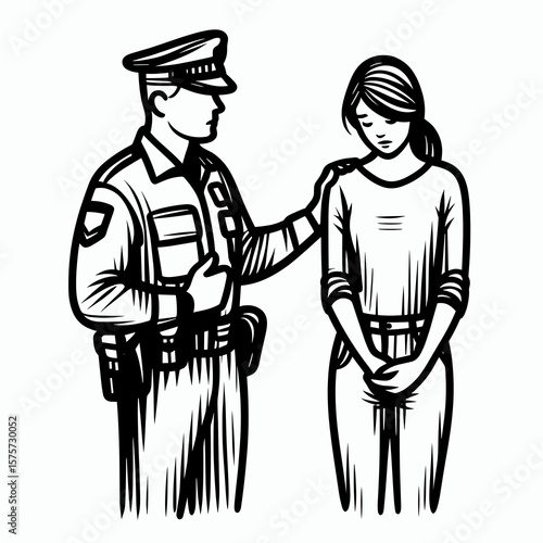 A American Officer reassuring frightened civilian. Career Job Profession Occupation Employment Work Clipart Line Art Vector Illustration. Usa soldier comforting terrified individual giving.