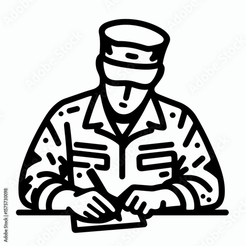 A American Officer writing down report. Career Job Profession Occupation Employment Work Clipart Line Art Vector Illustration. Usa military man jotting data. united states commander.