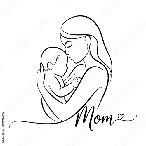 Elegant Line Art Illustration of a Mother Holding Her Baby with the Word Mom and a Heart Perfect for Mother s Day Designs
