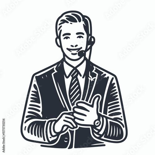 A American Rep smiling helping caller. Career Job Profession Occupation Employment Work Clipart Line Art Vector Illustration. Usa agent content face offering support for client by telephone.