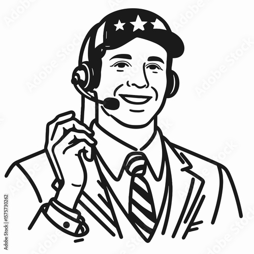 A American Rep smiling helping caller. Career Job Profession Occupation Employment Work Clipart Line Art Vector Illustration. United states agent cheerful aiding individual on telephone.