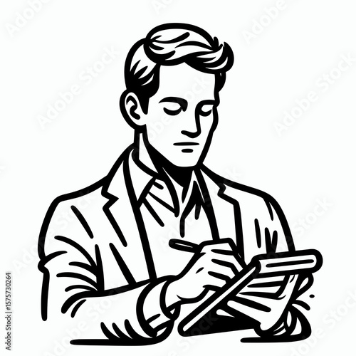 A American Rep taking notes calmly. Career Job Profession Occupation Employment Work Clipart Line Art Vector Illustration. Usa agent jotting data peacefully recording facts.