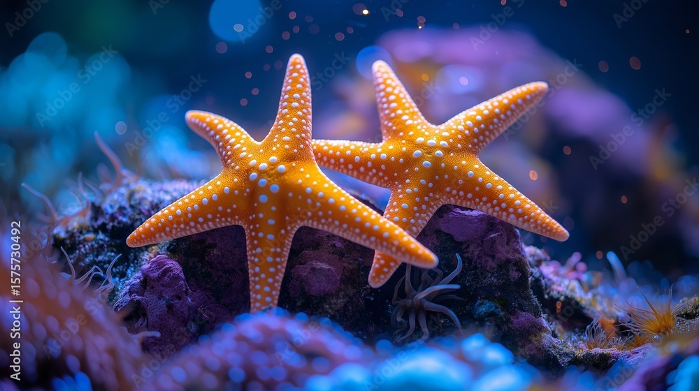 Two vibrant orange starfish touching gently on a colorful reef, underwater harmony. Two vibrant orange starfish touching gently on a colorful reef, underwater harmony.