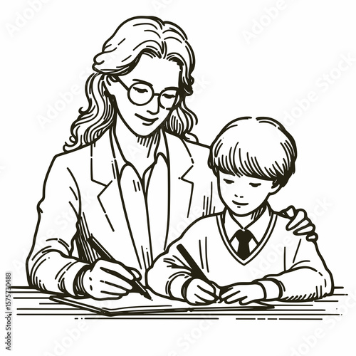 A American Teacher assisting student at desk. Career Job Profession Occupation Employment Work Clipart Line Art Vector Illustration. Us educator aiding pupil tabletop learning support.