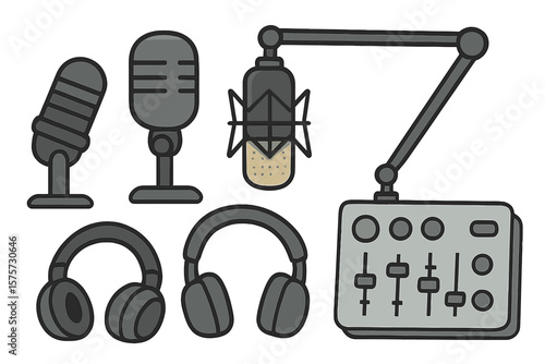 Equipment for audio recording showcased with microphones, headphones, and a mixing console in a creative setup