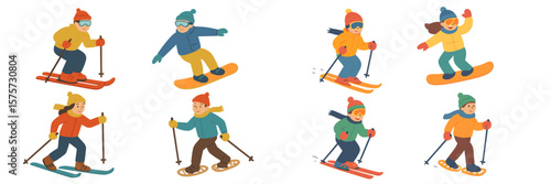 Winter sports enthusiasts enjoy skiing and snowboarding in a snowy mountain landscape during a vibrant day