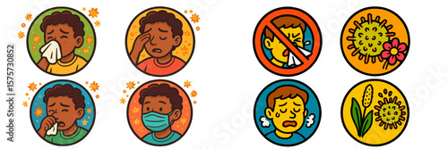 Educational illustrations showing allergy symptoms and prevention in children during spring season
