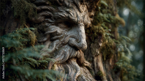 Wise Old Man's Face Naturally Formed in the Bark of an Ancient Tree with Moss. Spirit of the Forest.
