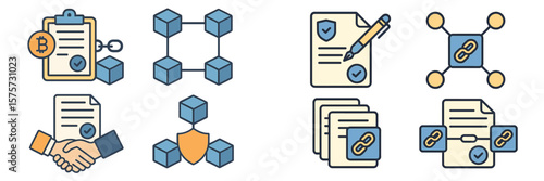 Visual representation of blockchain technology concepts in various forms and structures related to documentation and security