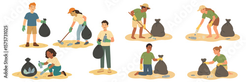 People participating in a community cleanup event on a sandy beach during a sunny afternoon