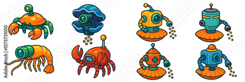 Colorful cartoon sea creatures and robots interact in a vibrant underwater landscape