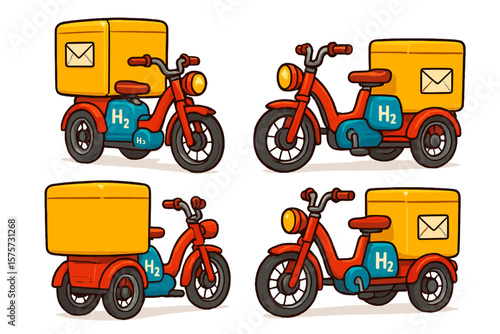 Delivery tricycles with yellow boxes showcase urban transport solutions in a colorful illustration
