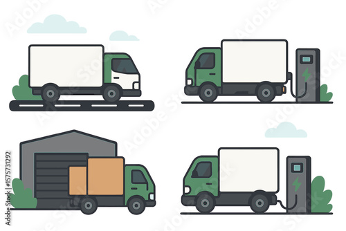 Electric delivery trucks charging at a station and parked in a garage