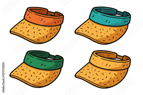 Vibrant collection of sun visors featuring colorful bands in various styles for outdoor activities
