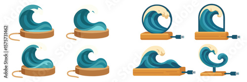 Creative designs of ocean waves in various artistic styles displayed on wooden bases with power cables