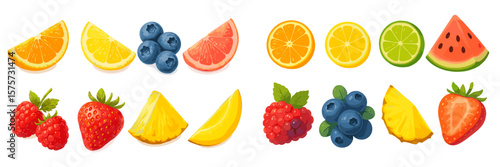 Brightly colored assortment of fresh fruits arranged on a white background for an inviting summer display