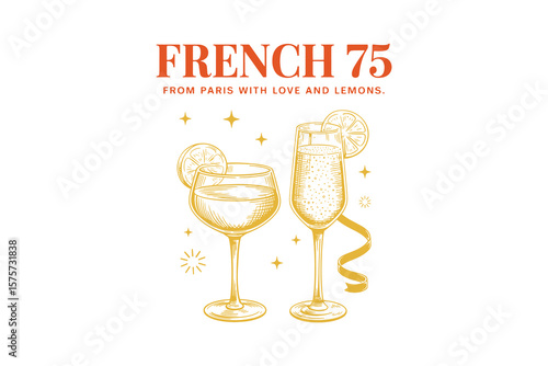 French 75 Lemon Champagne Cocktail Art Typography T shirt Design