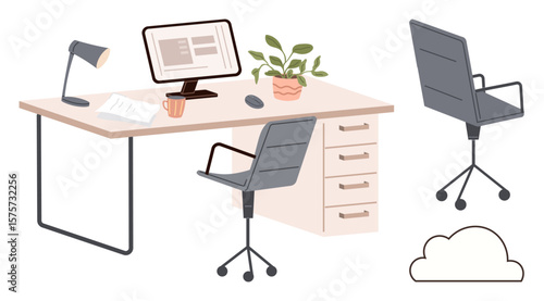 Organized desk setup with computer, swivel chairs, desk lamp, coffee mug, potted plant, and papers. Ideal for office design, remote work, productivity organization technology creativity simple