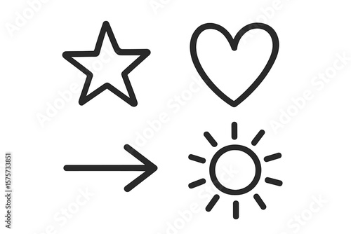 Symbols representing love, brightness, direction, and admiration in simple line art on a white background
