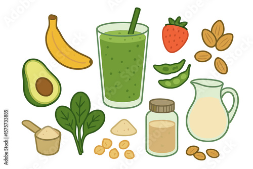 Healthy smoothie ingredients for a nutritious breakfast or snack featuring fruits and greens