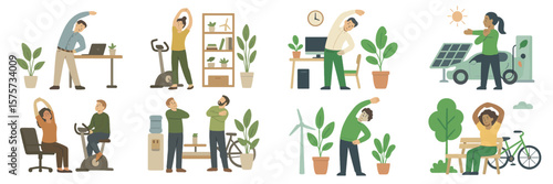People engaging in various healthy activities in a lively indoor and outdoor environment throughout the day