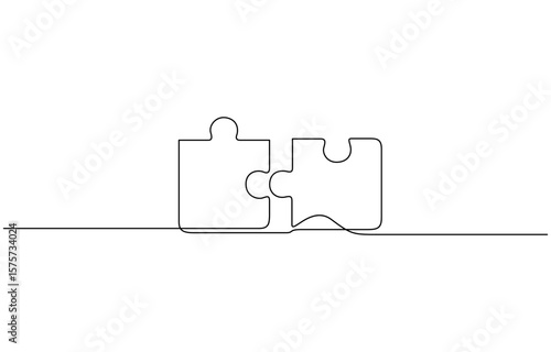 Continuous one line drawing of two puzzle pieces, Two connected puzzles line art. Jigsaw pieces continuous one line drawing. Vector isolated on white.