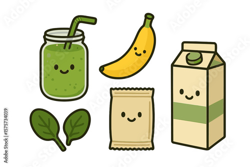 Healthy smoothie ingredients illustrated with playful expressions in a bright, fun style