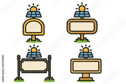 Solar-powered signs displayed in various styles with green grass surrounding them
