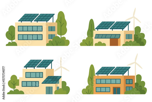 Four eco-friendly houses showcasing renewable energy features in a green landscape with solar panels and wind turbines