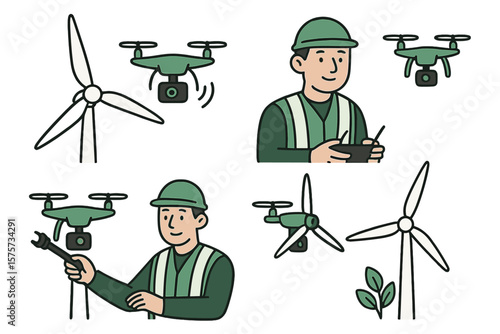Wind turbine technician operates drone for maintenance inspections at renewable energy site during daylight hours
