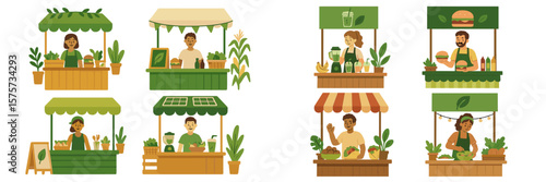 Vibrant outdoor market with various stalls offering fresh produce and healthy food options during a sunny day