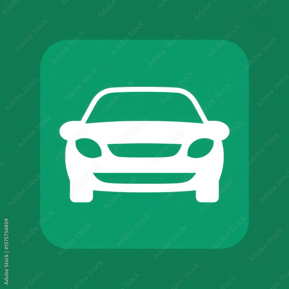 Obraz premium Minimalistic white car icon centered on green rounded-square background, featuring front-facing vehicle with headlights, grille, and bumpers outlined clearly in flat colors.