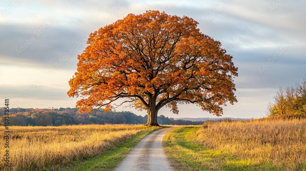 Naklejka premium Autumn tree golden field road