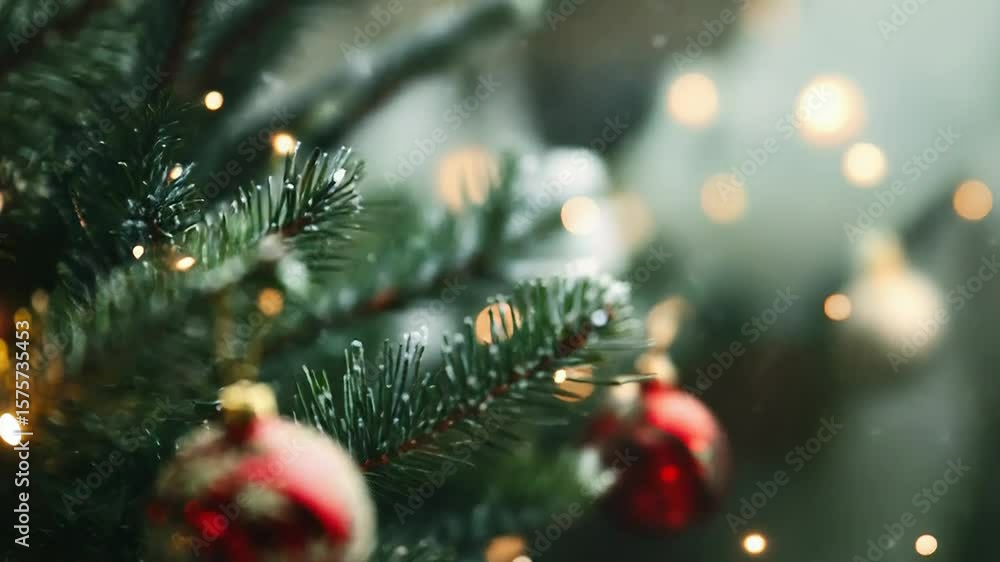 Red christmas ball hanging on snowy christmas tree with lights Stock ...