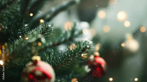 Red christmas ball hanging on snowy christmas tree with lights